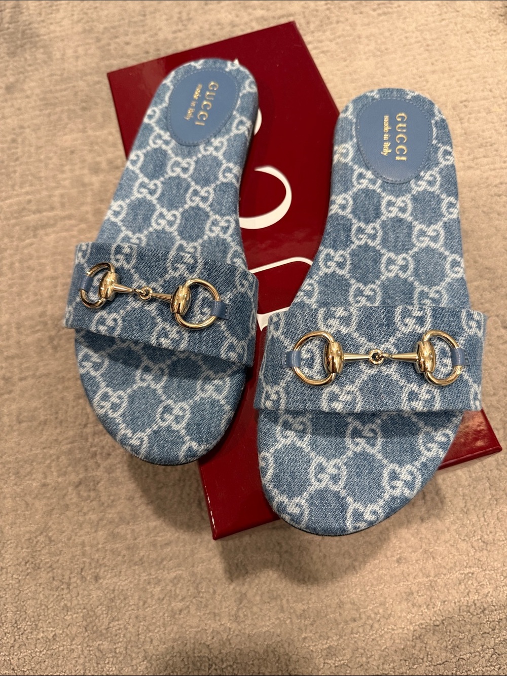 Gucci Blue Denim GG Monogram Horsebit Slide Sandals